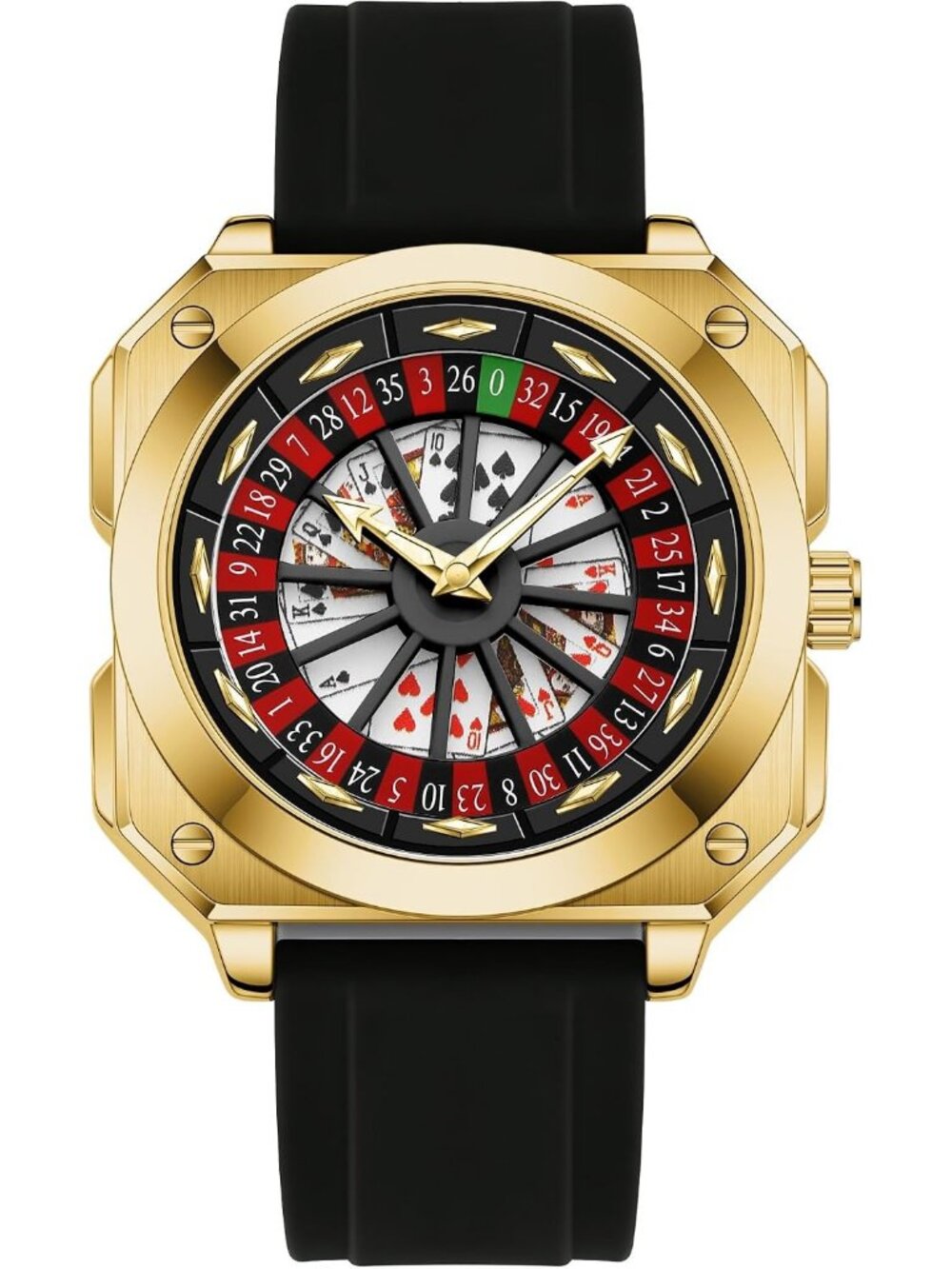 Men‘s Black Gold Gambling Rotating Dial Poker Square Silicone Rubber Strap Watch